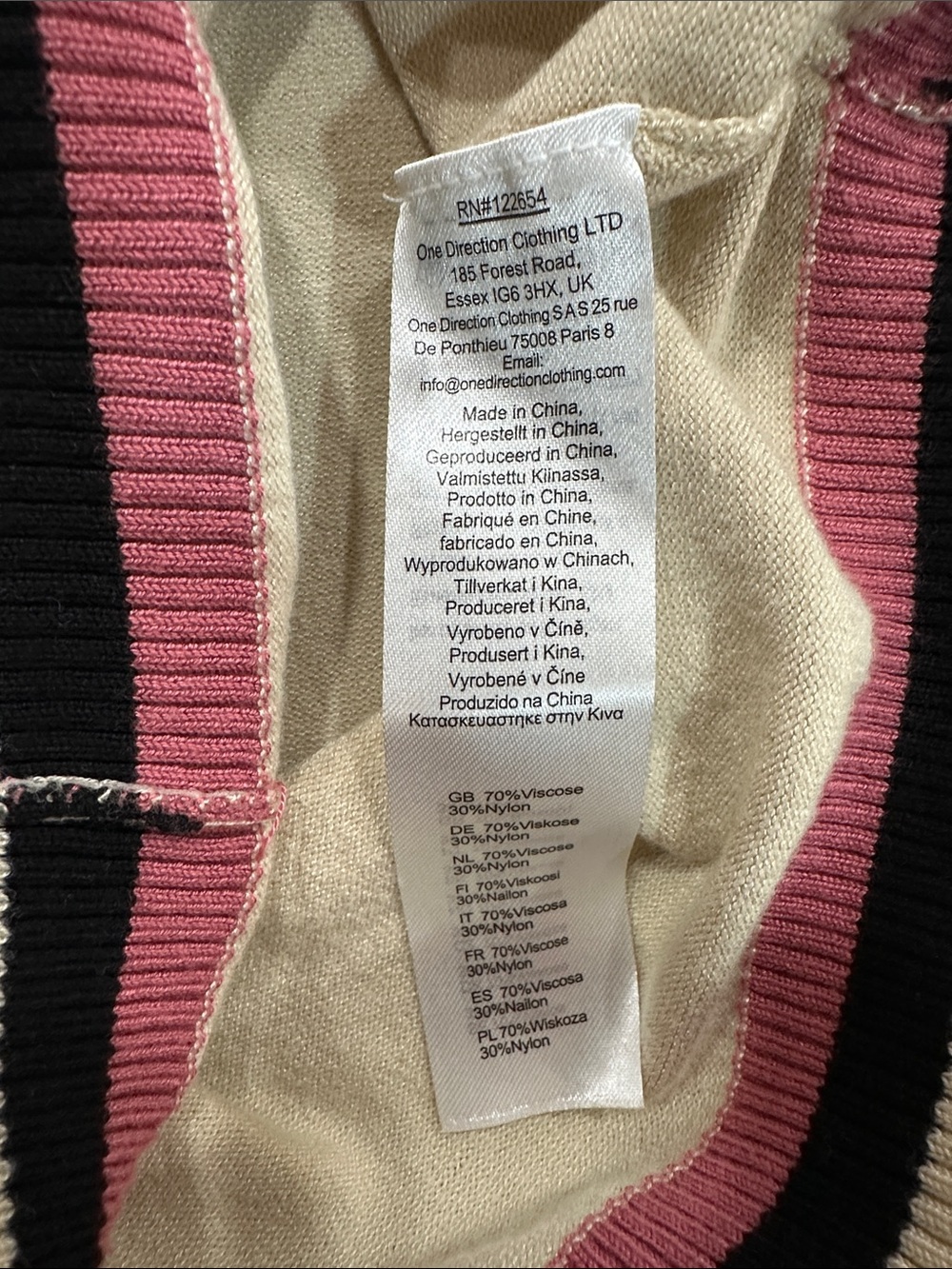 Voodoo Vixen Beige Knit Top with Pink & Black Stripe Trim and Cat Patch - Picture 5 of 7